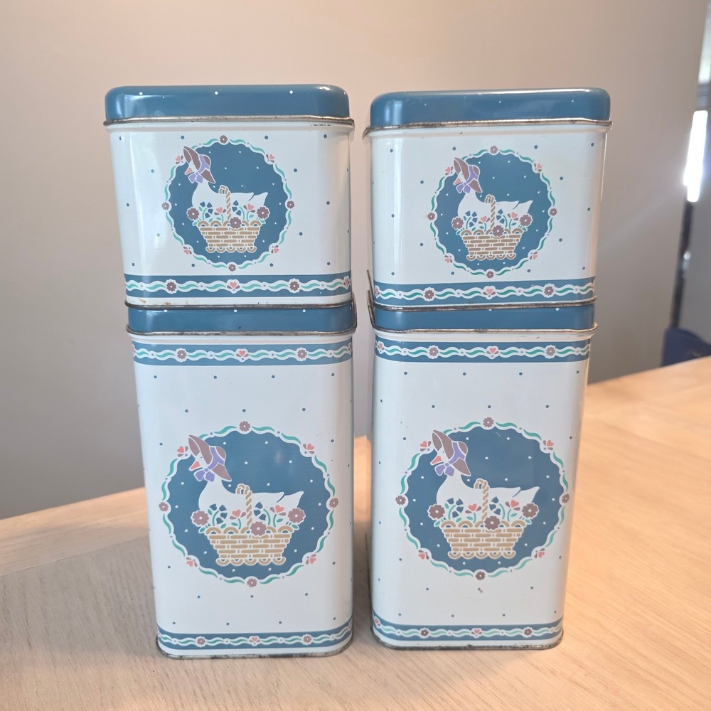 Vintage 1987 Cheinco Country Goose Metal Canister Set 4 Piece Blue White Tins